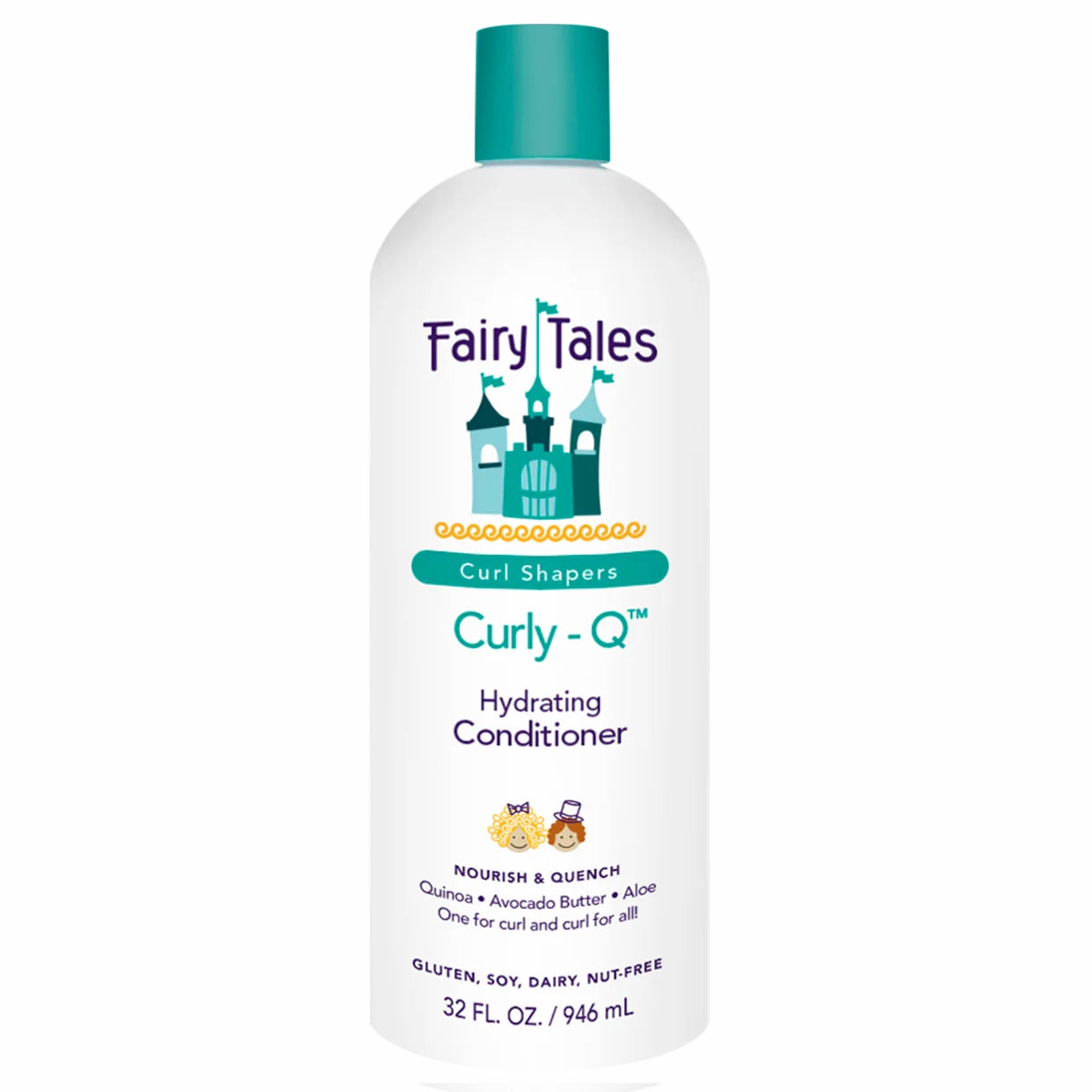 Fairy Tales Curly Q hydrating kids curly hair conditioner in white bottle with teal cap 32 fl oz