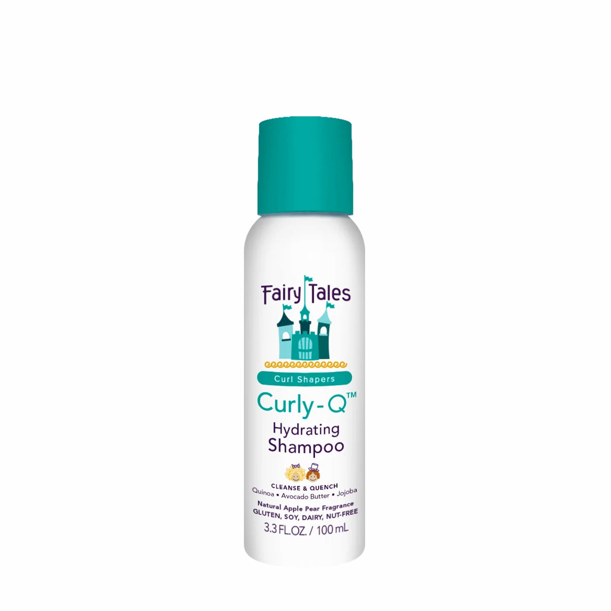 Fairy Tales Curly Q hydrating kids curly hair shampoo bottle with teal cap 3.3 fl oz