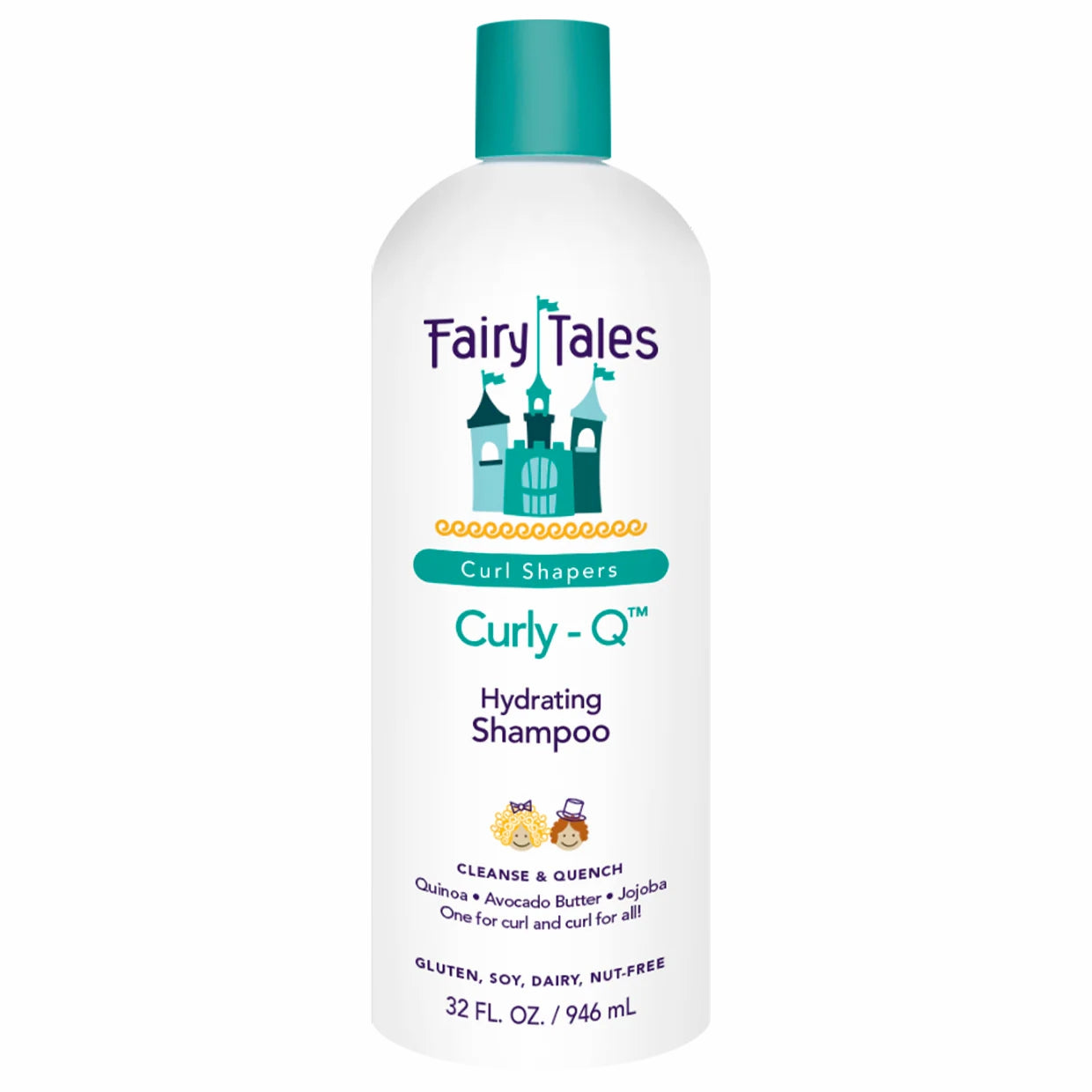 Fairy Tales Curly Q hydrating 32 fl oz white bottle with teal cap kids curly hair shampoo for nourishing curls