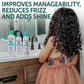 Fairy Tales kids curly hair shampoo bottles on bathroom counter beside a young girl with curls
