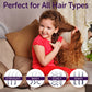 Smiling little girl on sofa showing long curly hair and hair type icons with Fairy Tales kids daily conditioner for all hair types