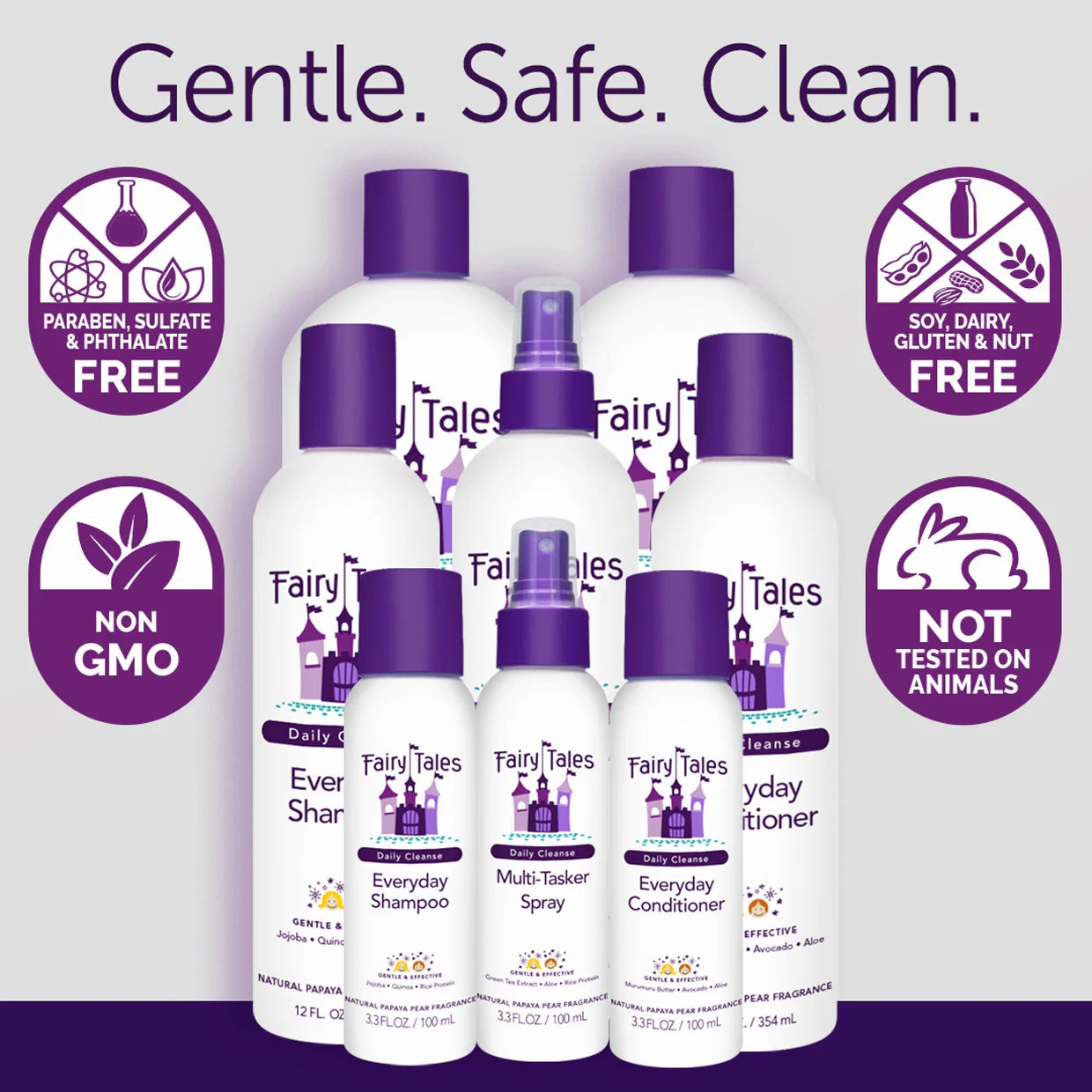Fairy Tales kids daily conditioner bottle with purple cap displayed among matching shampoos and sprays