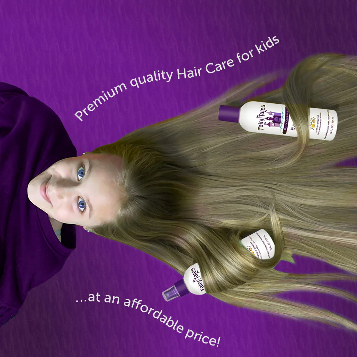 Fairy Tales kids daily conditioner bottle on long blonde hair of smiling girl on purple background