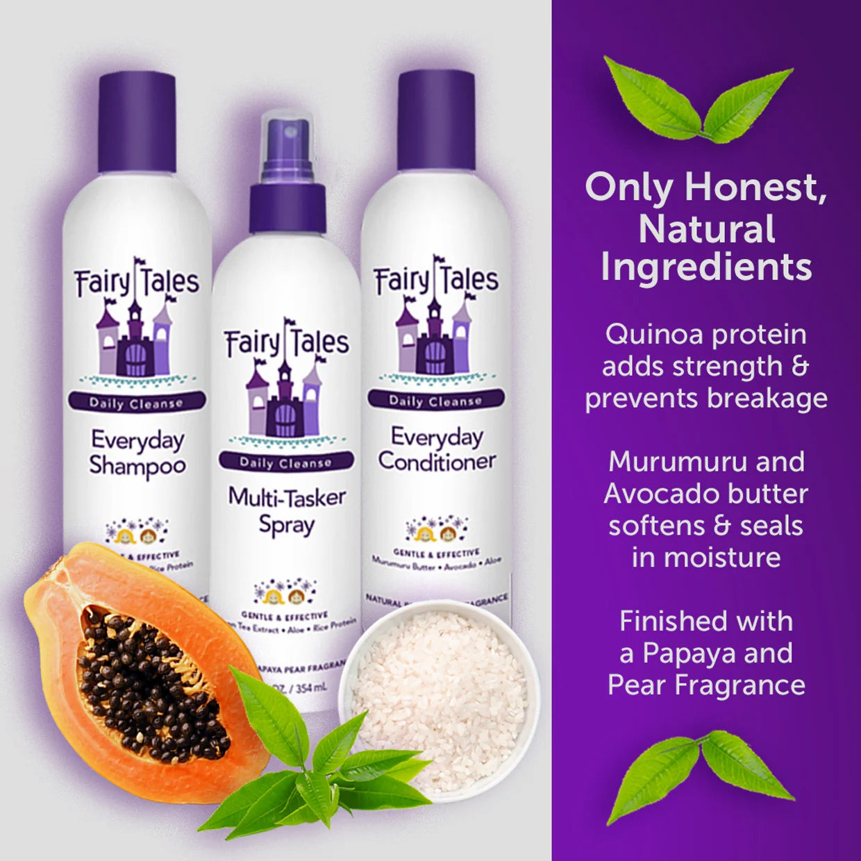 Fairy Tales shampoo spray and Everyday Conditioner with papaya and rice bowl highlighting natural kids daily conditioner