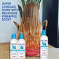 Fairy Tales kids detangling shampoo with pineapple scent shown beside long blonde child hair and bottles