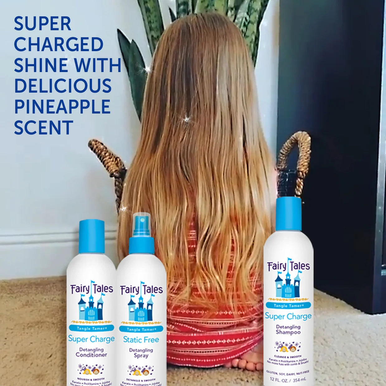 Fairy Tales kids detangling shampoo with pineapple scent shown beside long blonde child hair and bottles