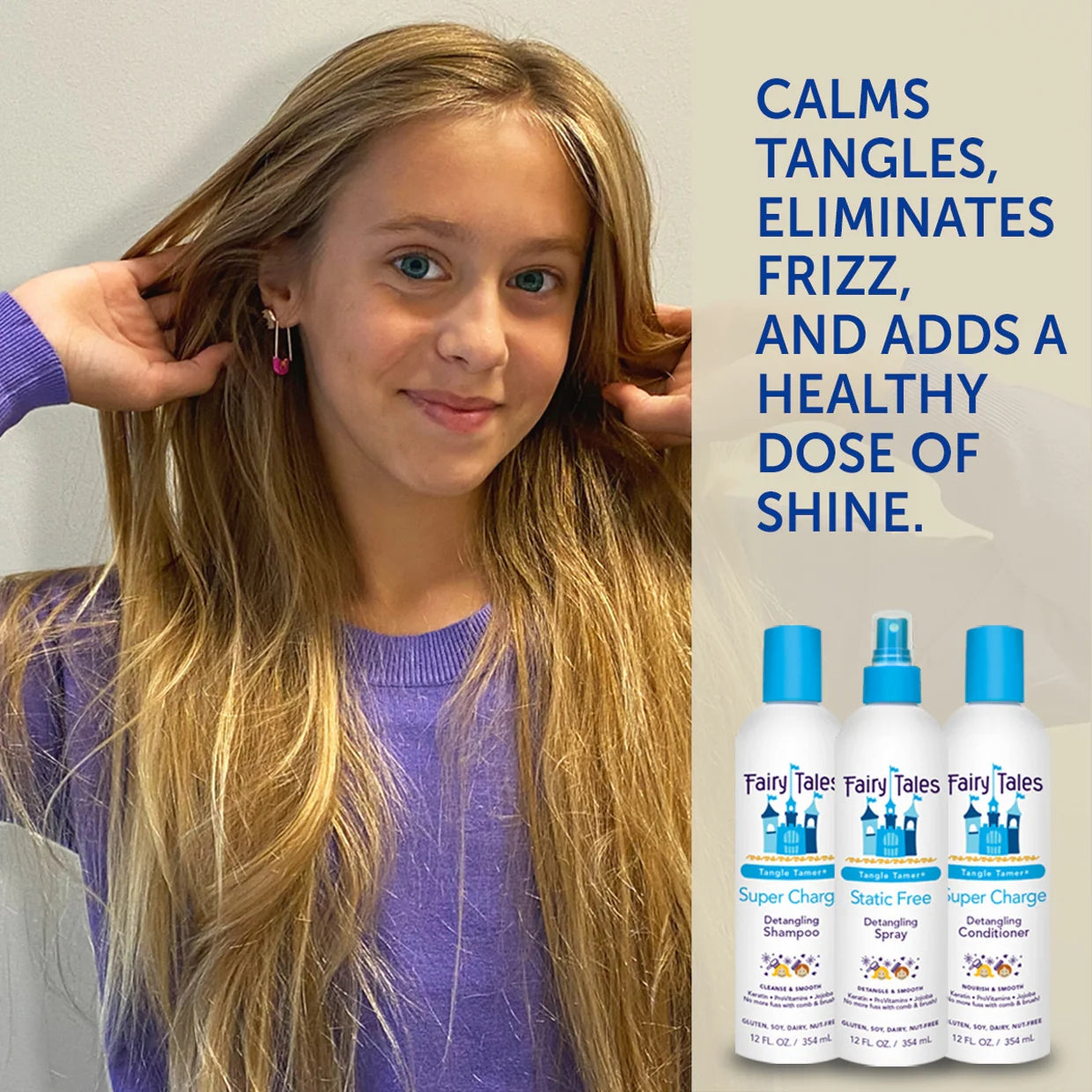 Fairy Tales kids detangling shampoo with smiling girl showing long blonde hair and three product bottles