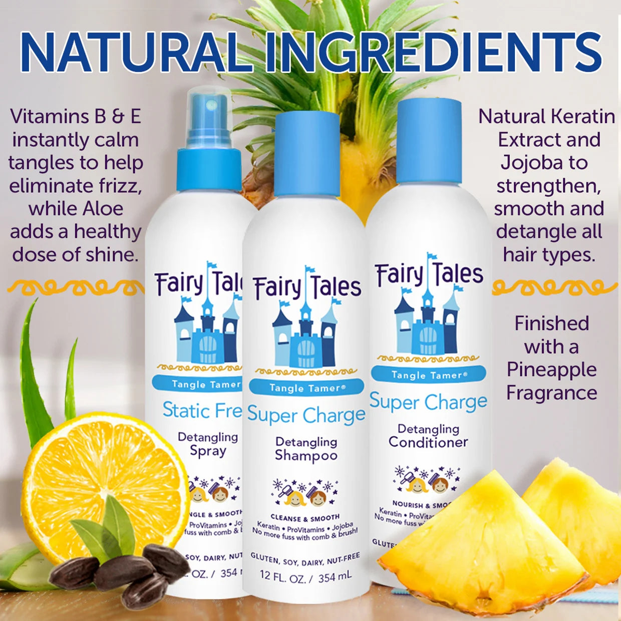 Fairy Tales Tangle Tamer trio with pineapple and lemon natural ingredients kids detangling shampoo