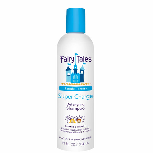 Fairy Tales Super Charge kids detangling shampoo white bottle with blue cap castle logo 12 fl oz