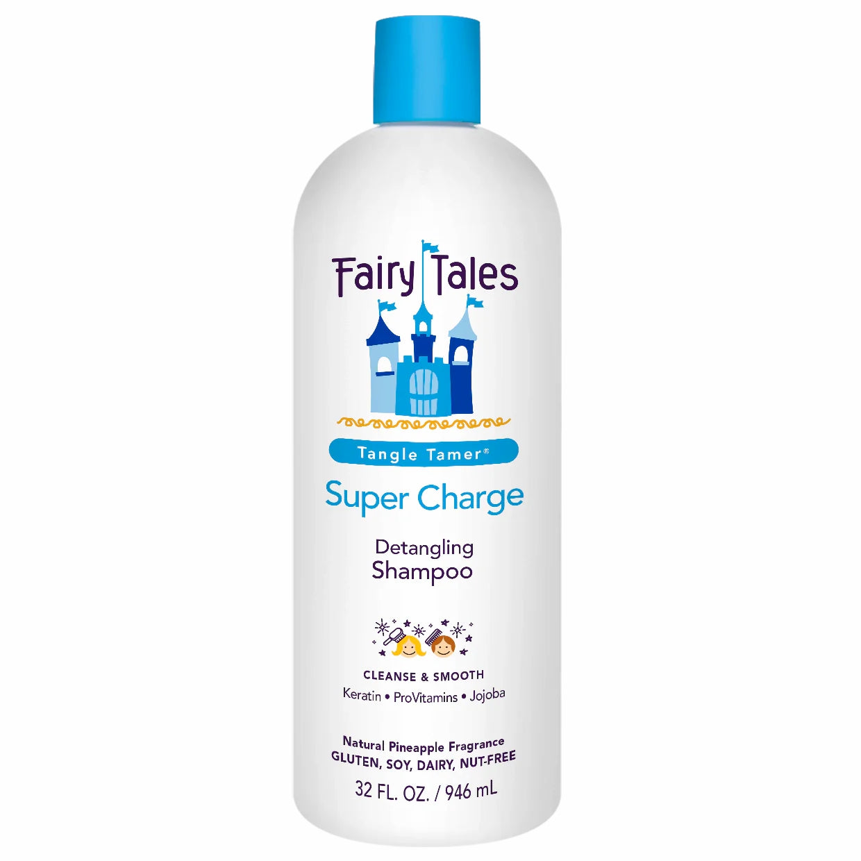 Fairy Tales Super Charge Tangle Tamer 32 oz kids detangling shampoo in white bottle with blue cap