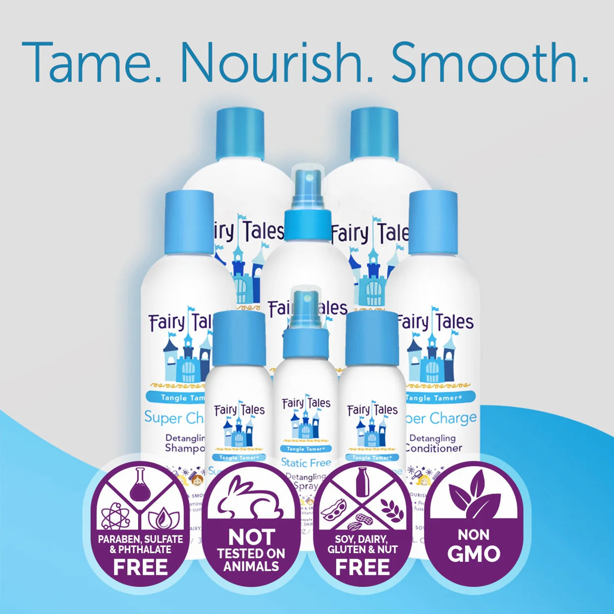 Fairy Tales kids detangling shampoo bottles and spray detangler with conditioner and product claim badges