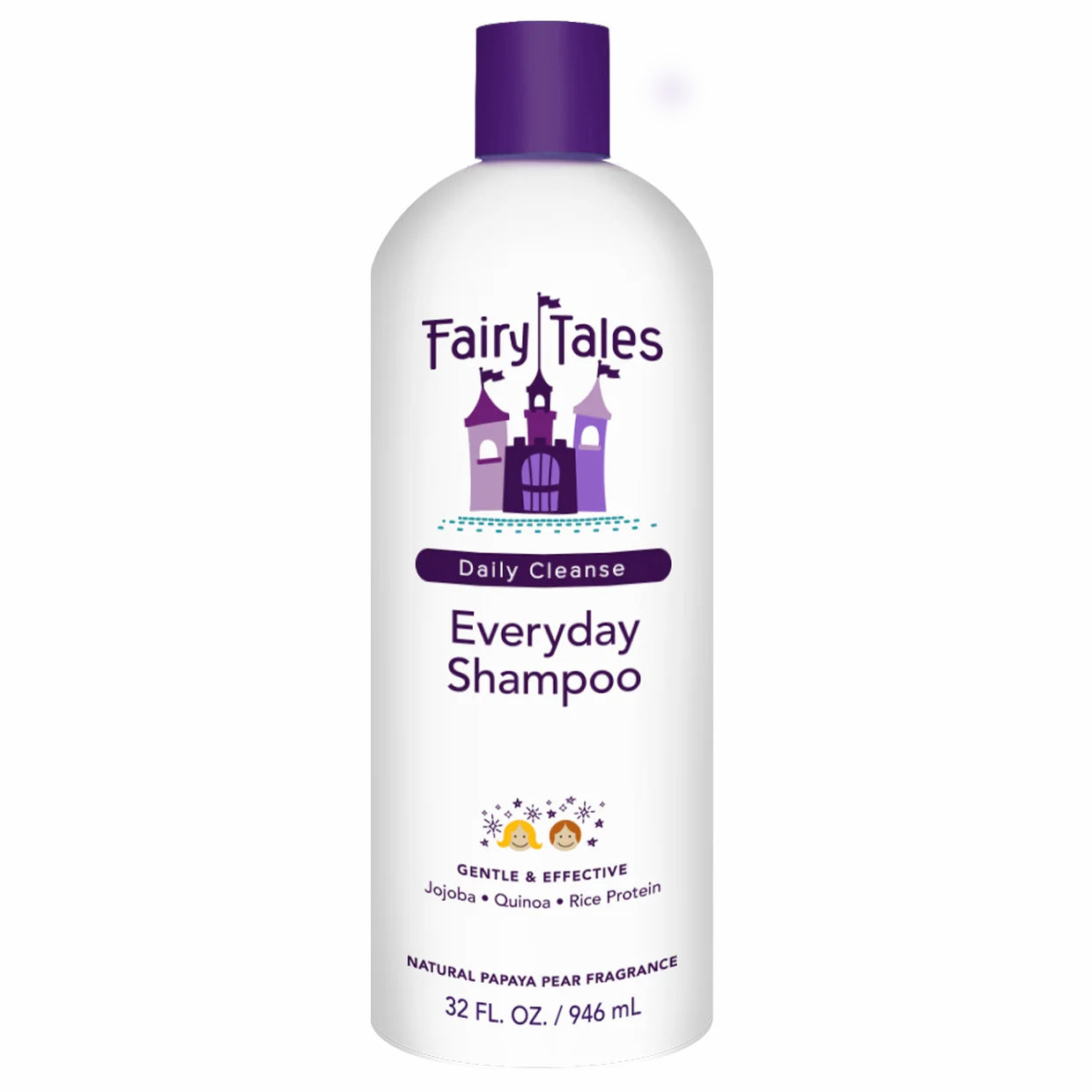 Fairy Tales kids everyday shampoo 32 fl oz white bottle with purple cap castle logo and Daily Cleanse label