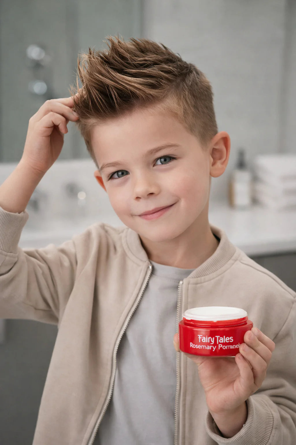 Boy styling hair with Fairy Tales Rosemary kids pomade for a fun and trendy look