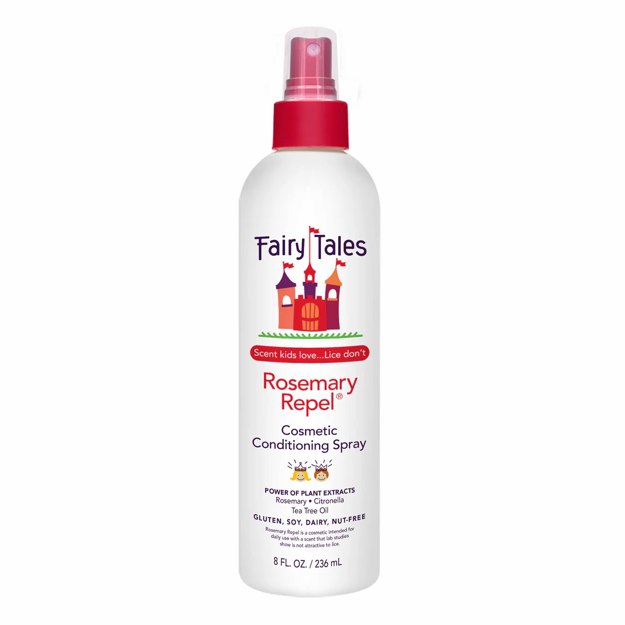 Fairy Tales rosemary repel conditioning spray 8 fl oz white bottle with red spray cap for detangling