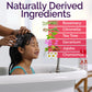 Child in bathtub having hair washed using Fairy Tales rosemary repel conditioning spray with natural ingredients list