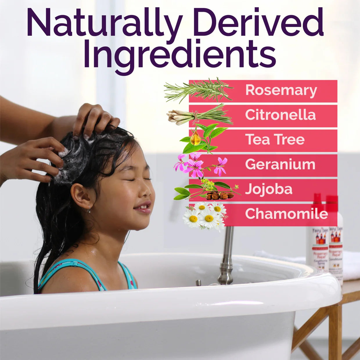 Child in bathtub having hair washed using Fairy Tales rosemary repel conditioning spray with natural ingredients list