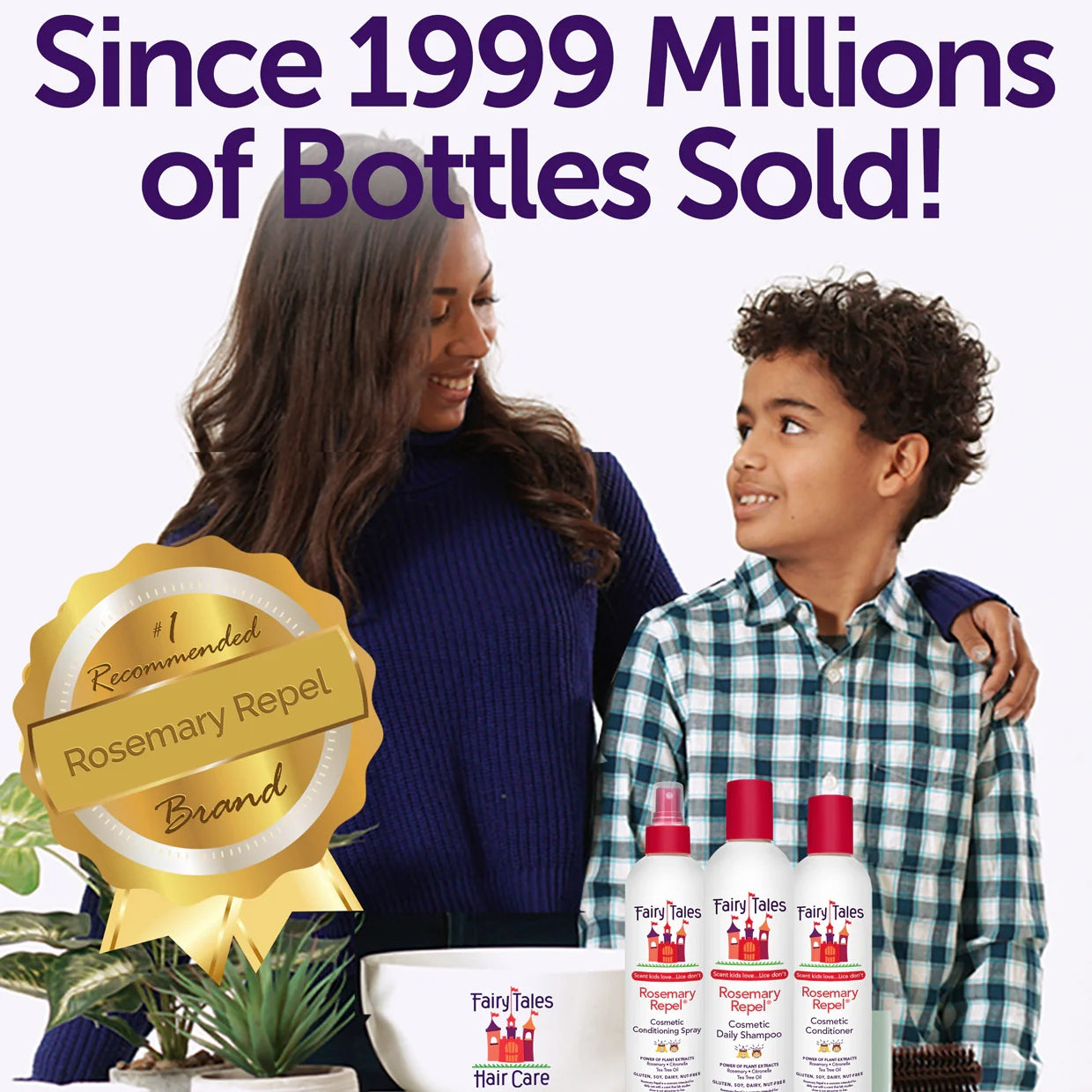 Fairy Tales rosemary repel conditioning spray bottles displayed with smiling mother and child and badge