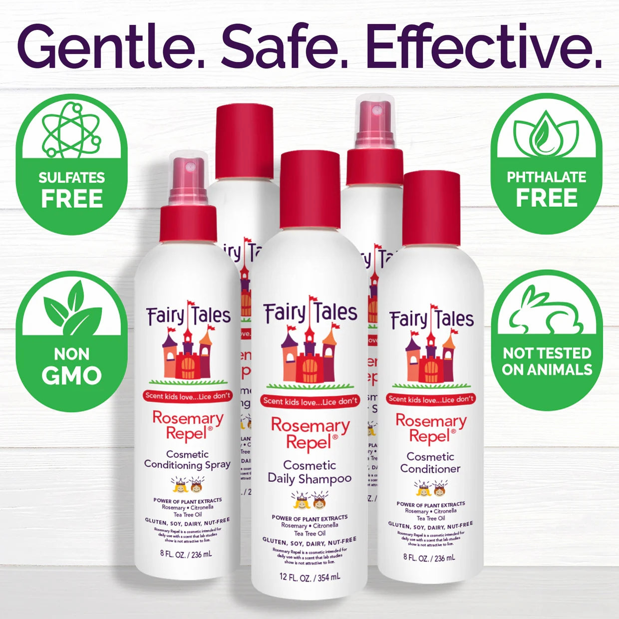Fairy Tales rosemary repel conditioning spray bottle display with Gentle Safe Effective header and free from icons