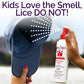 Fairy Tales rosemary repel conditioning spray being sprayed on a child's hat by a parent to repel lice