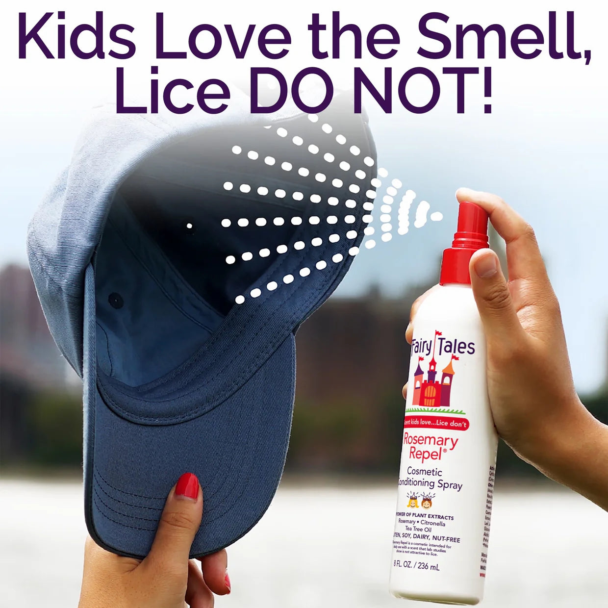 Fairy Tales rosemary repel conditioning spray being sprayed on a child's hat by a parent to repel lice