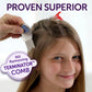 Fairy Tales lice removal kit for kids showing a nit removing Terminator comb used on a smiling child's hair