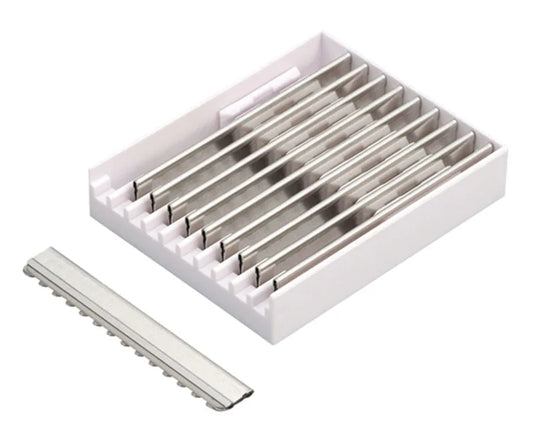 Feather razor blades in a compact white storage box for precision shaving and grooming