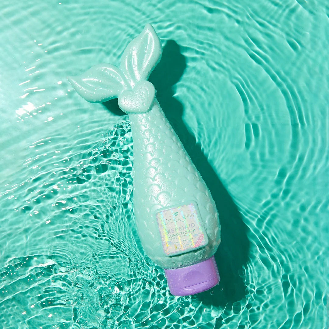 Glimmer Wish Mermaid Conditioner in a unique mermaid-shaped bottle, perfect for moisturizing hair