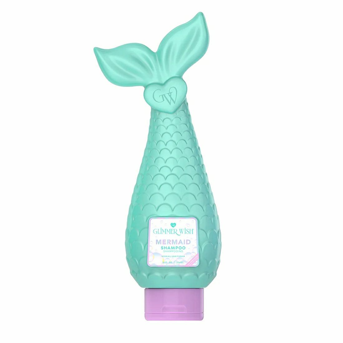 Glimmer Wish Mermaid Shampoo in a turquoise bottle shaped like a mermaid tail for vibrant hair care