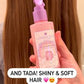 Glimmer Wish unicorn detangling spray for kids in hand with shiny, soft hair in background