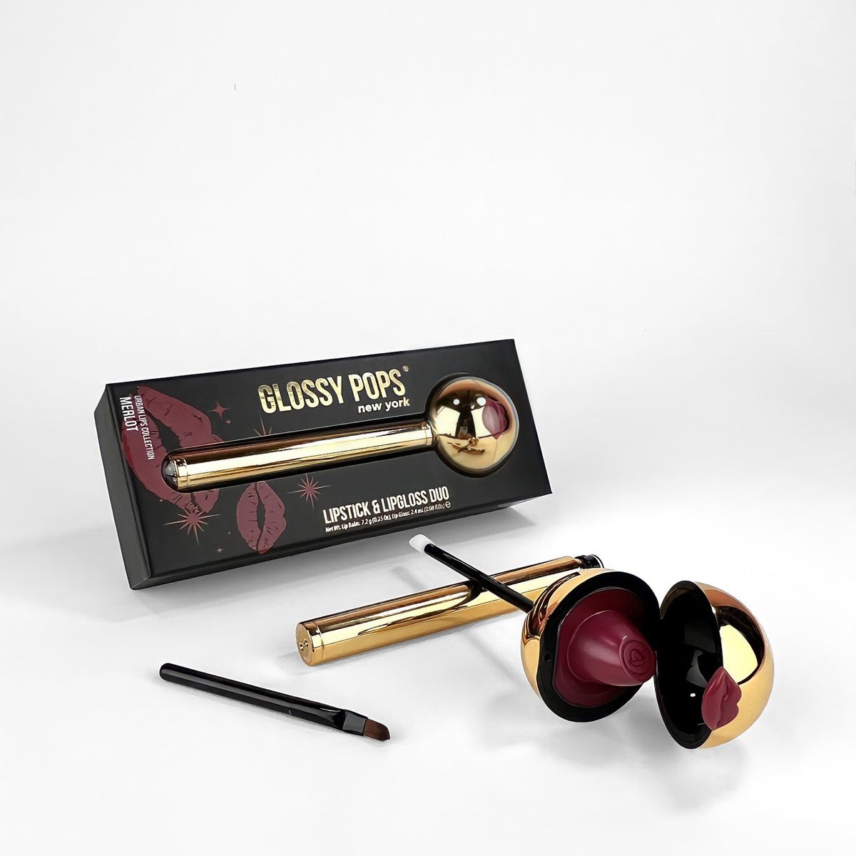 Glossy Pop Urban Lips Lipstick and Lip Gloss Duo in Gold Packaging with Lip Brush Included