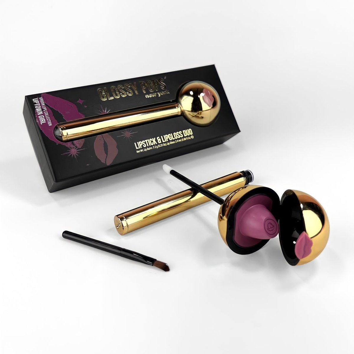 Glossy Pop Urban Lips Lipstick and Lip Gloss Duo with a Gold and Black Packaging