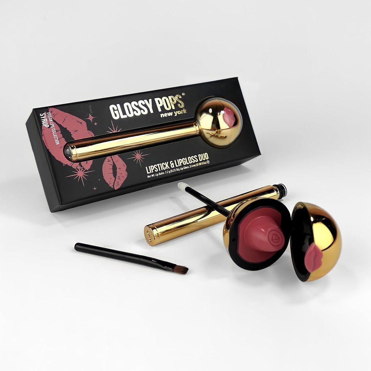 Glossy Pop Urban Lips Lipstick and Gloss Duo in Stylish Packaging with Applicator Brush