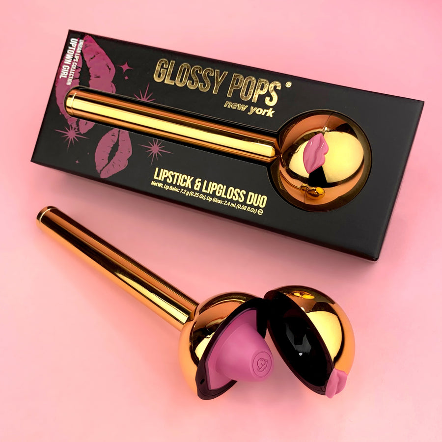 Glossy Pop Urban Lips Lipstick and Lipgloss Duo with a golden packaging and pink applicator