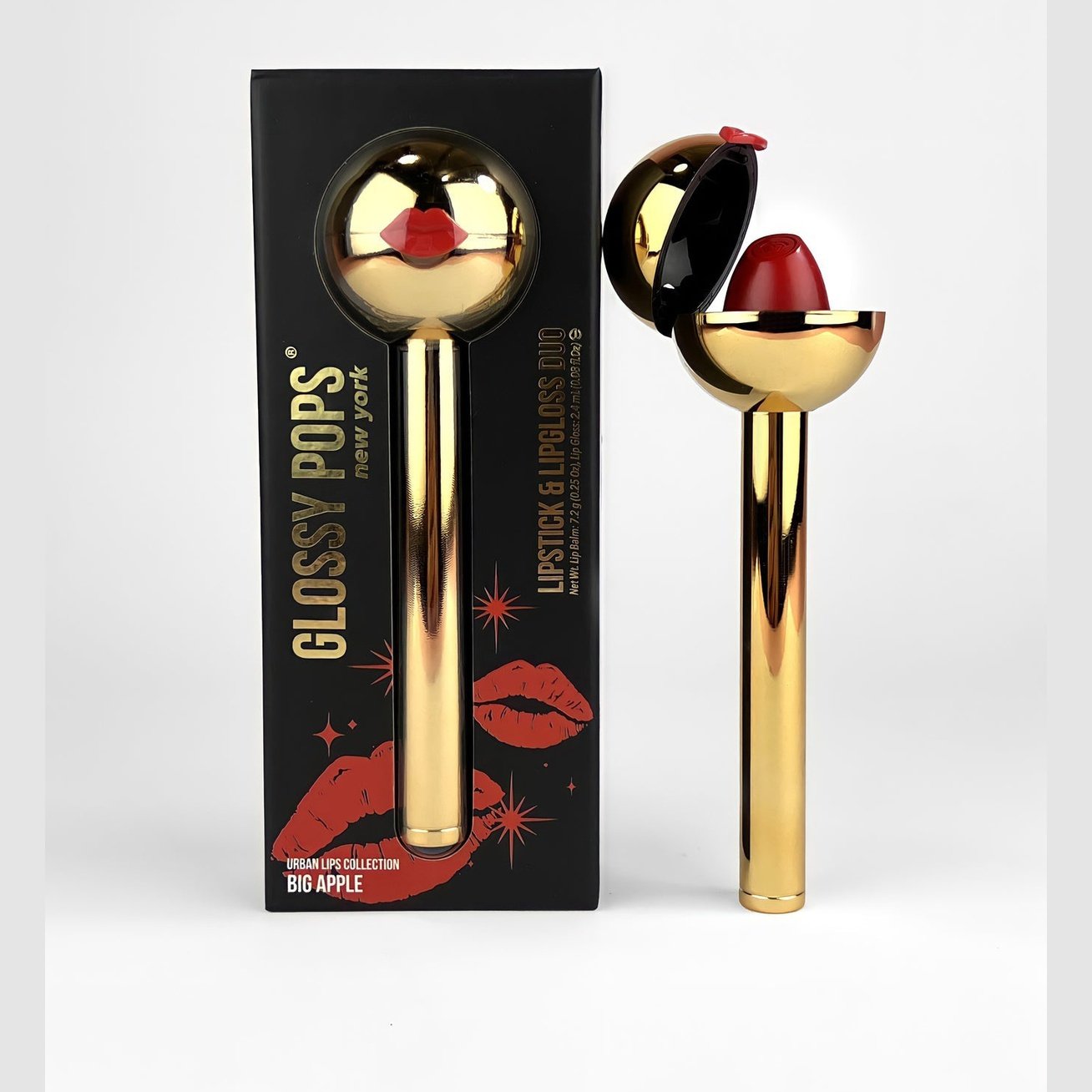 Glossy Pop Urban Lips Lipstick in Big Apple with gold packaging and red lipstick bullet
