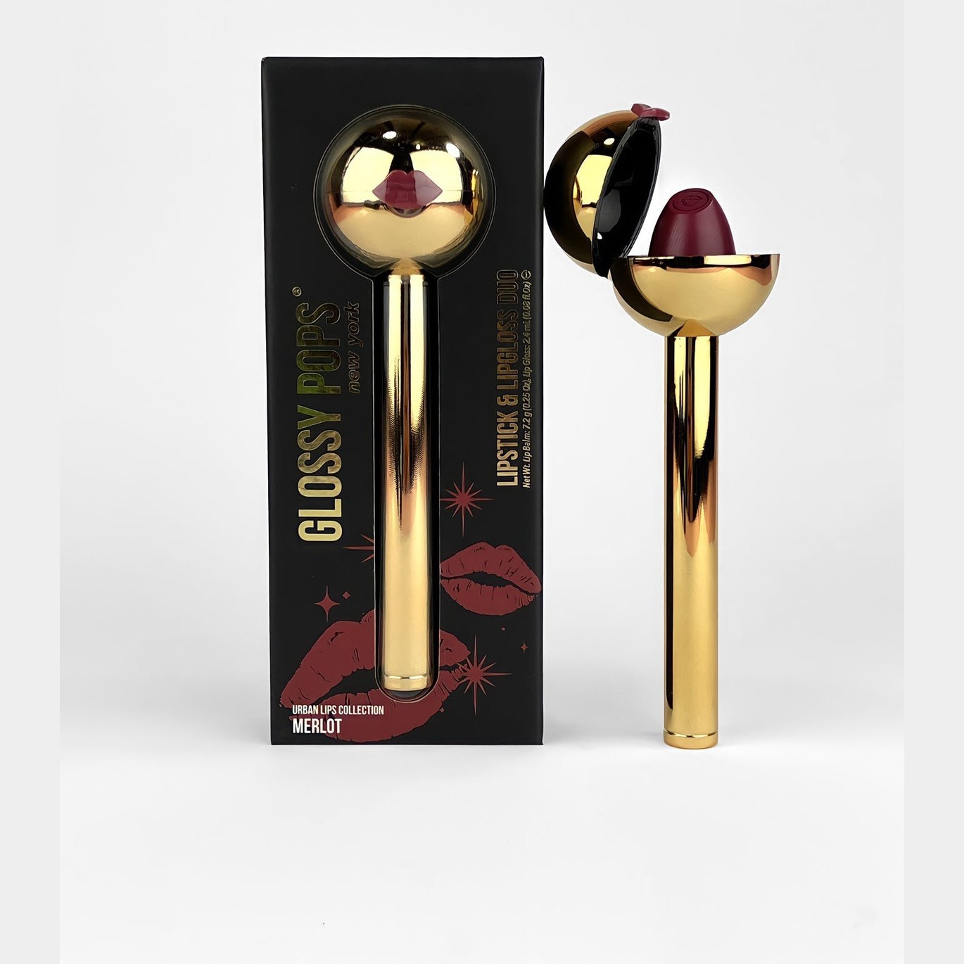 Glossy Pop Urban Lips Lipstick in Merlot with a stylish gold packaging and pop-up design