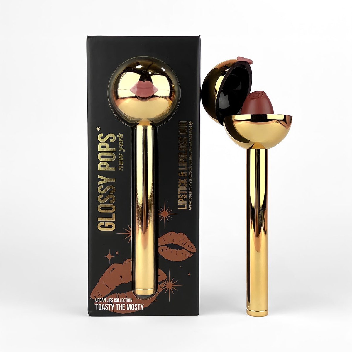 Glossy Pop Urban Lips Lipstick in Toasty the Mosty with stylish gold packaging for a radiant finish