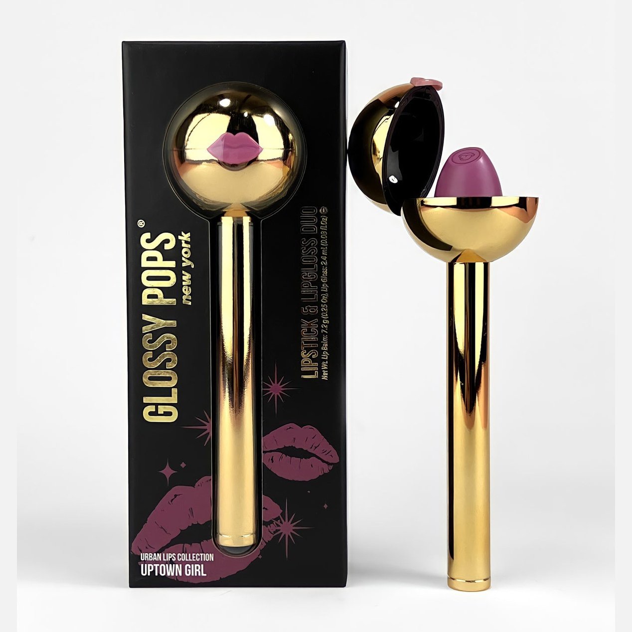 Glossy Pop Urban Lips Lipstick in Uptown Girl with stylish gold packaging and unique design