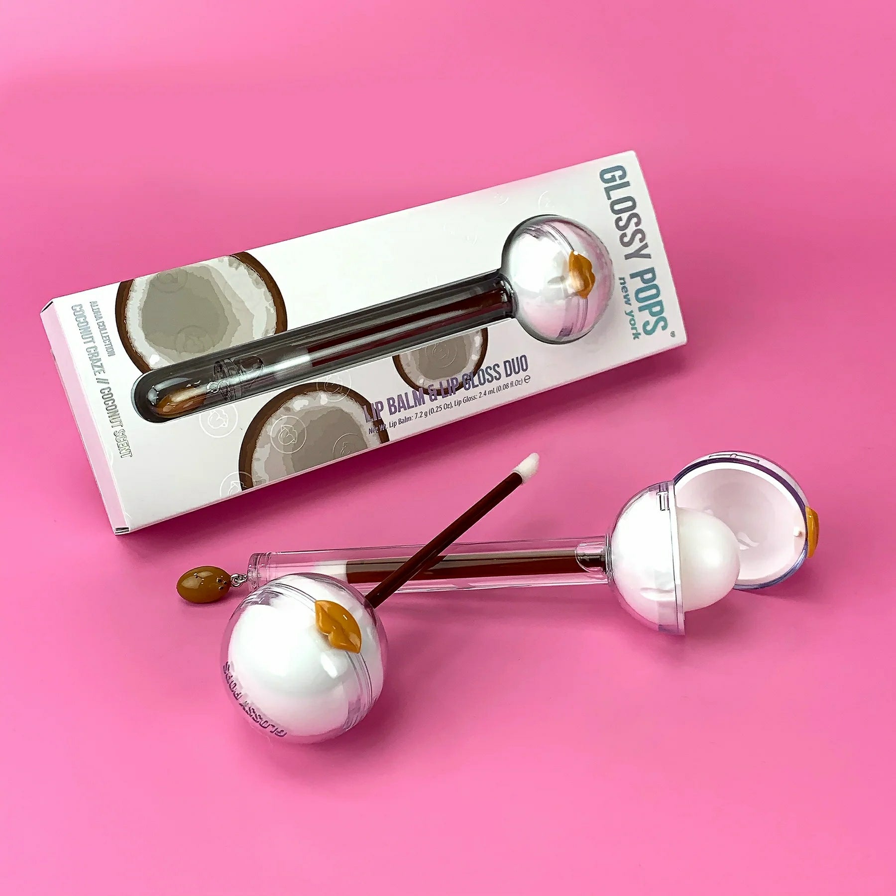 Glossy Pops Tropical Coconut Lip Balm Duo with Applicator for Moisturized Lips