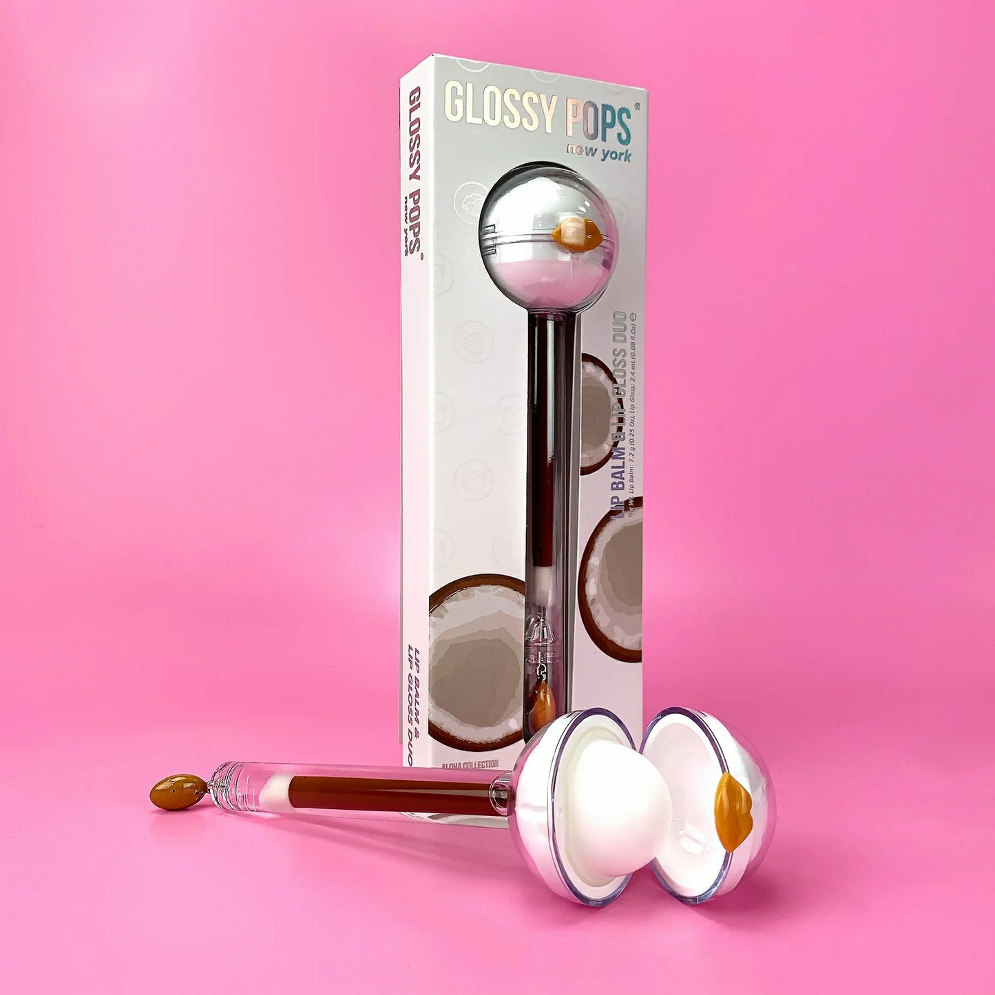 Glossy Pops Tropical Coconut Lip Balm with a unique applicator for a moisturizing lip experience