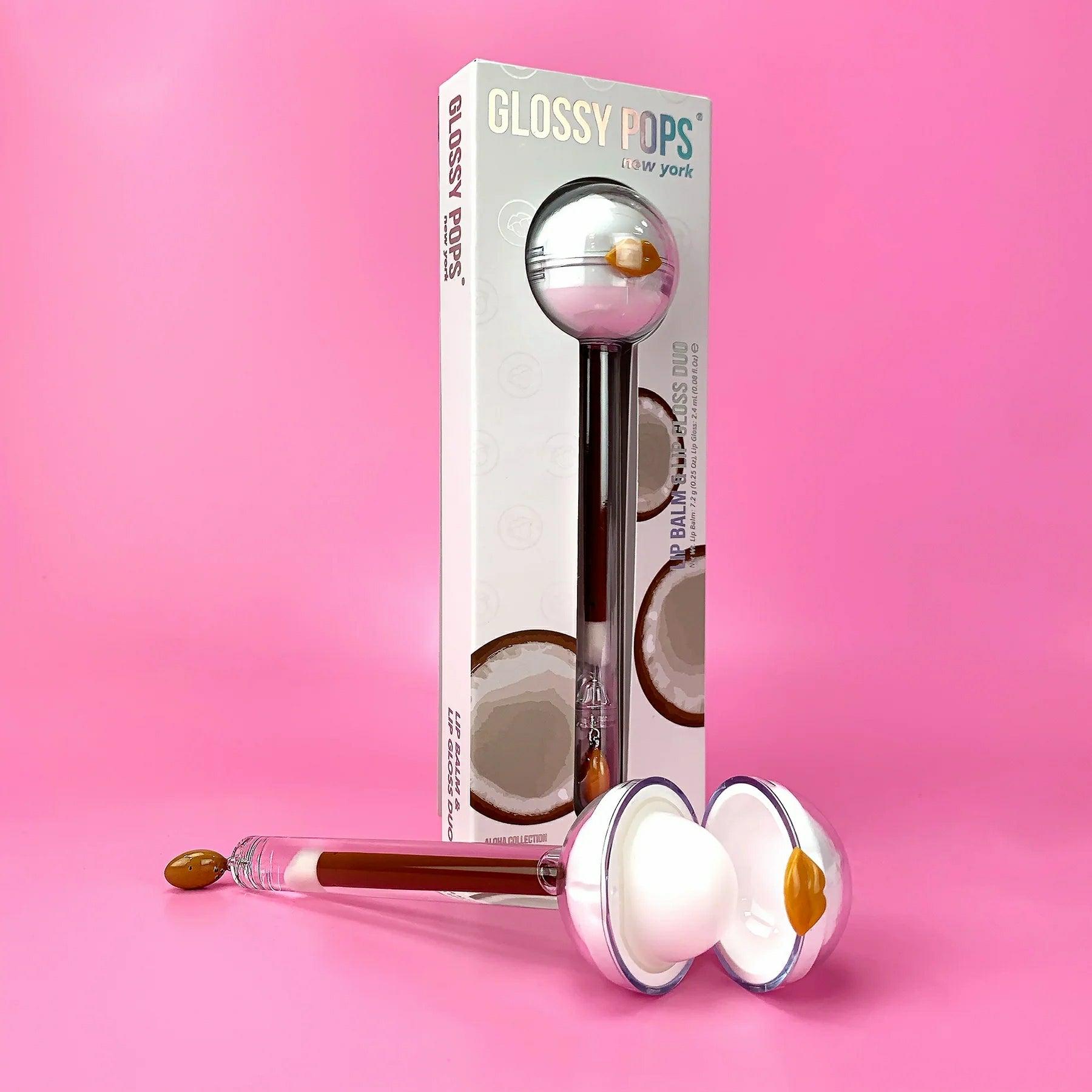 Glossy Pops Tropical Coconut Lip Balm with a unique applicator for a moisturizing lip experience