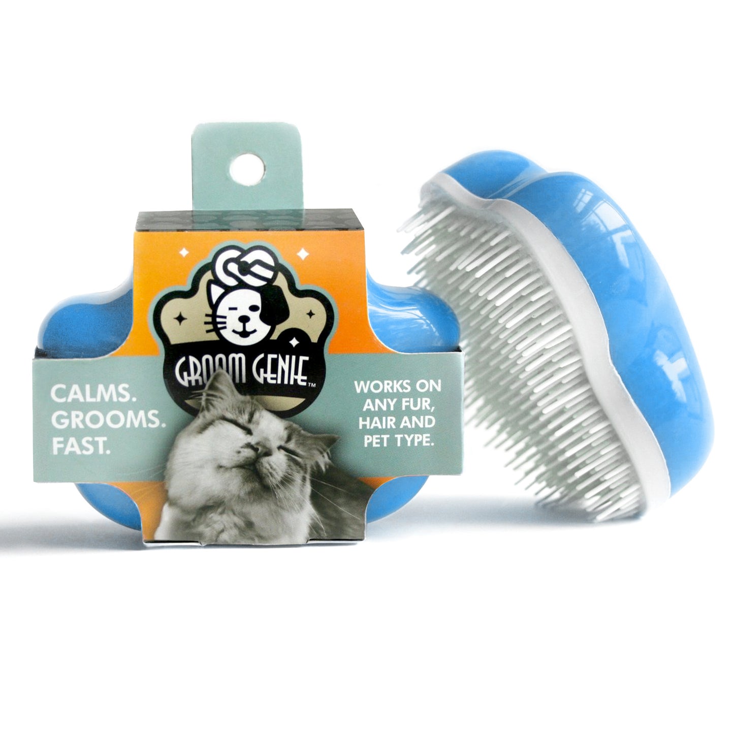 Groom Genie pet detangling brush designed for calming and grooming all fur and hair types