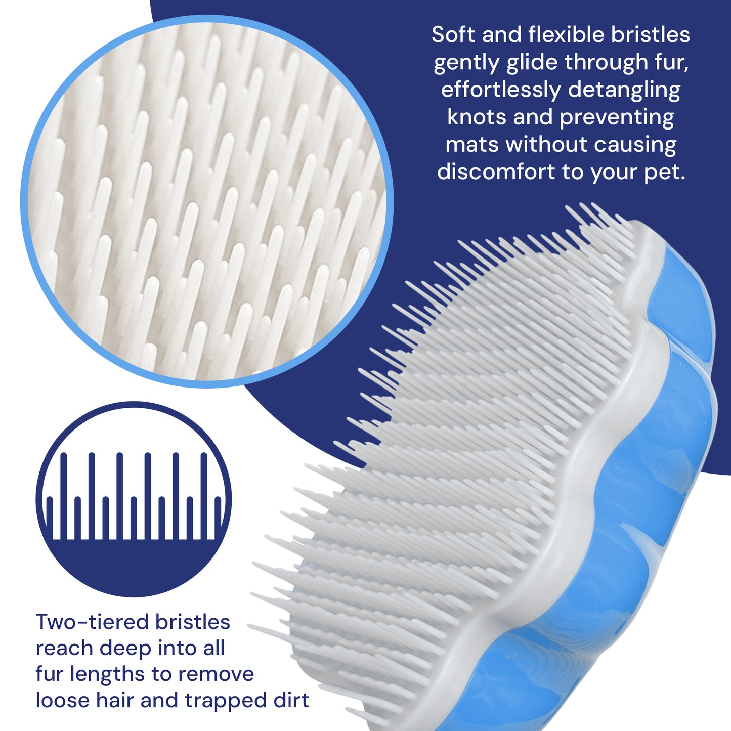 Groom Genie pet detangling brush with flexible bristles to remove knots and mats easily from fur