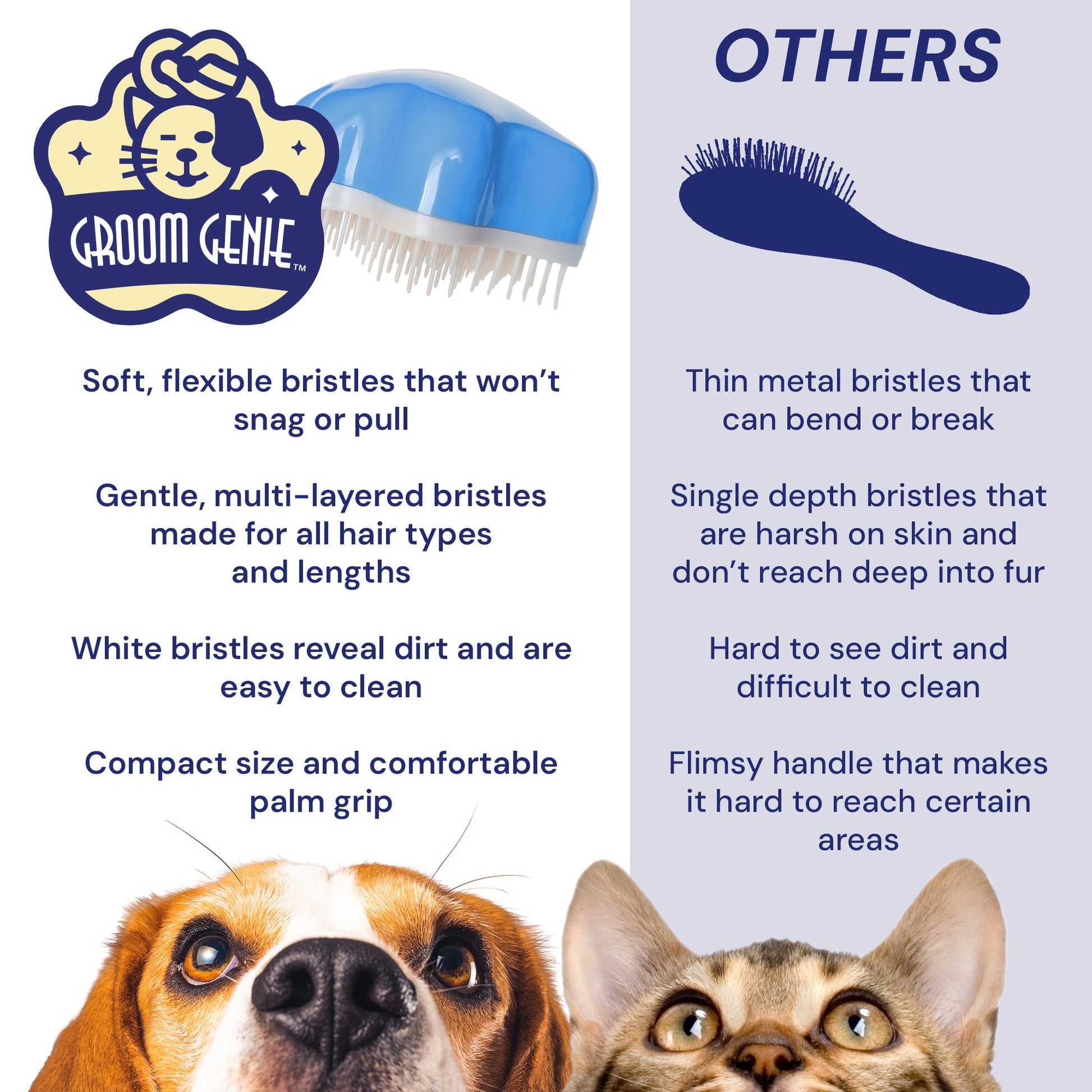 Groom Genie pet detangling brush featuring soft bristles for all hair types and comfortable grip