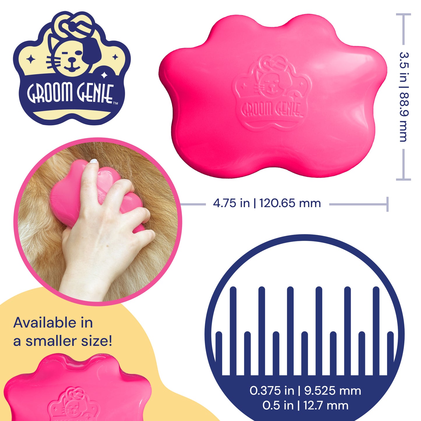 Groom Genie pet detangling brush in pink, designed for easy grooming of pets' fur and knots