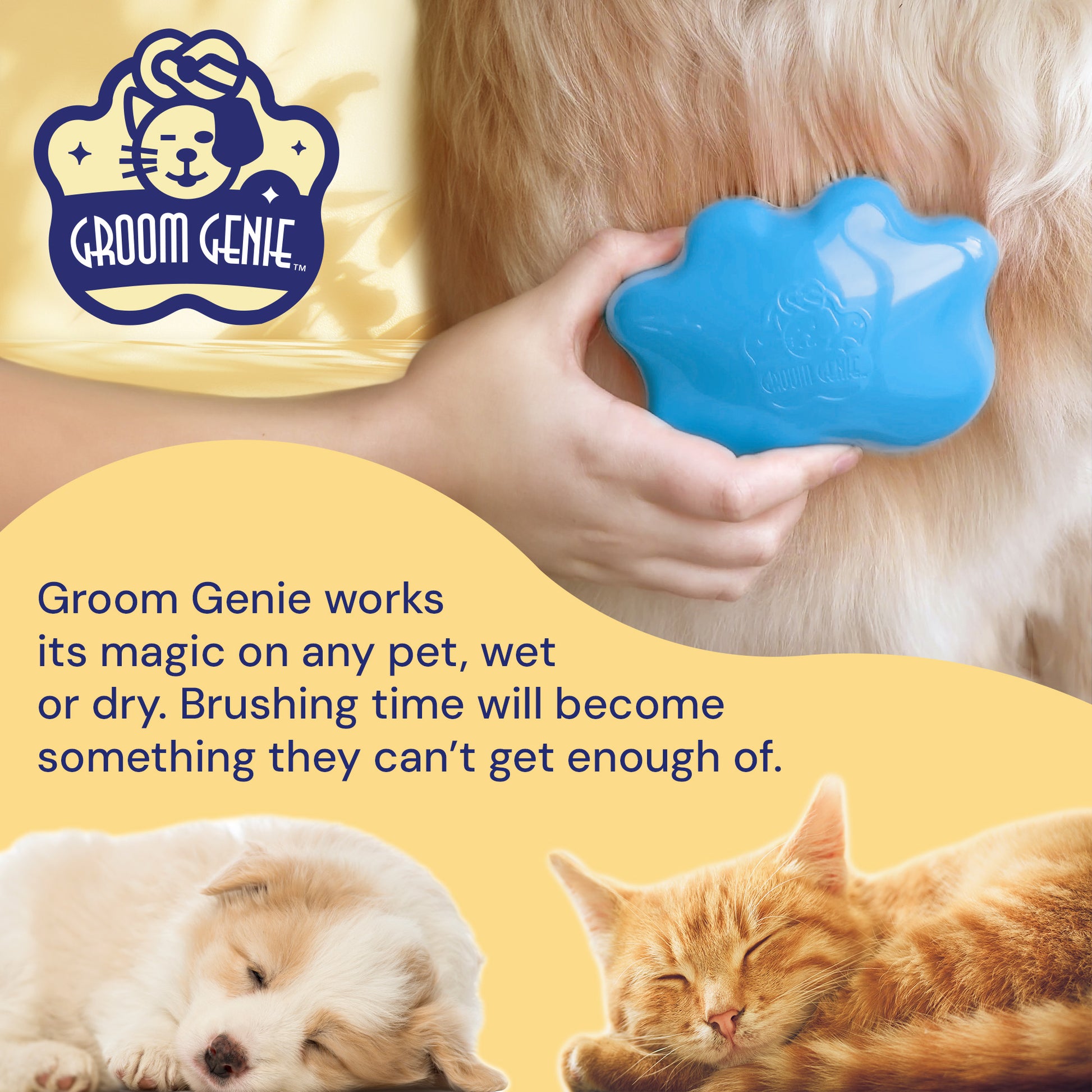 Groom Genie pet detangling brush in blue, perfect for grooming any pet, wet or dry
