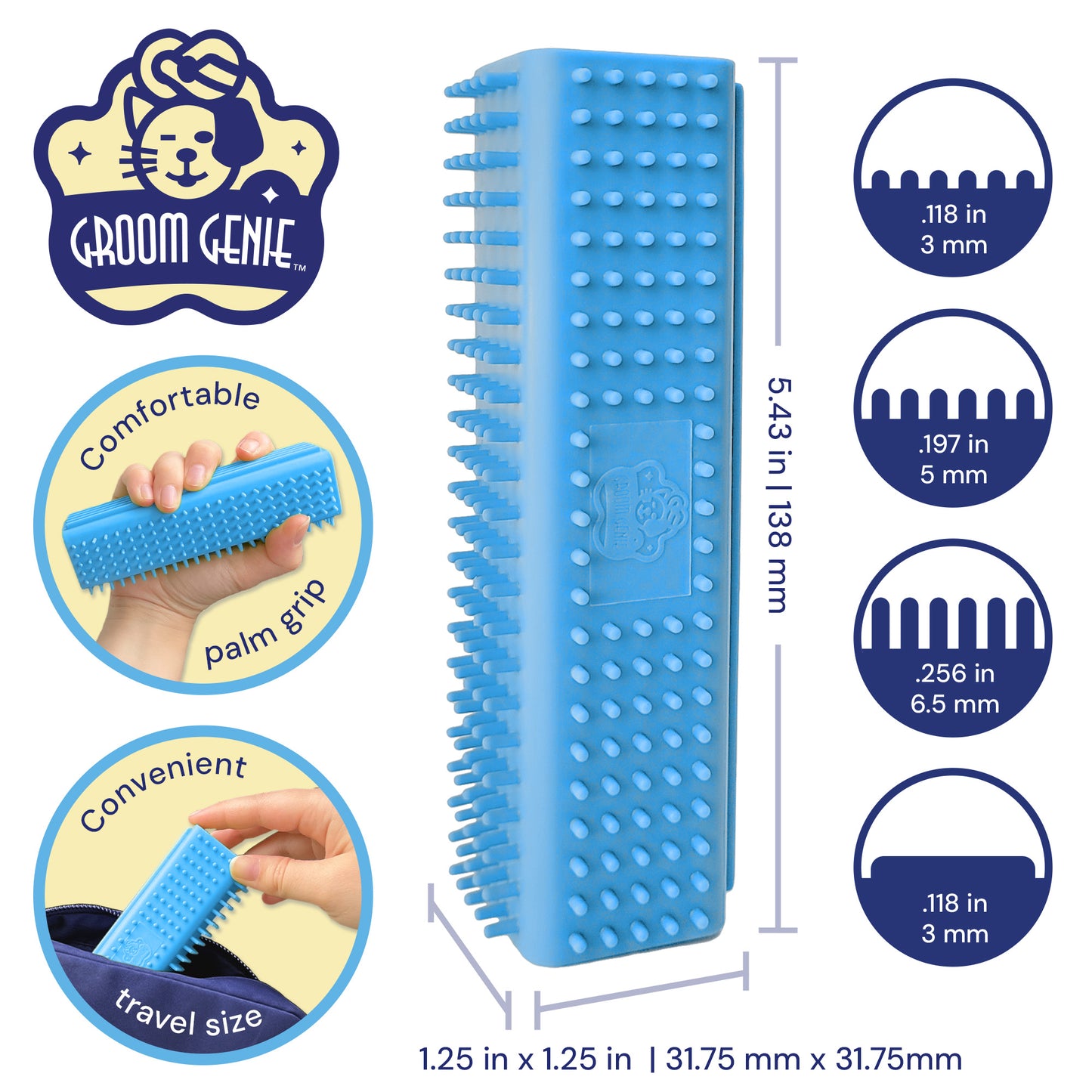 Groom Genie pet hair remover brush in blue featuring a comfortable palm grip and travel size design