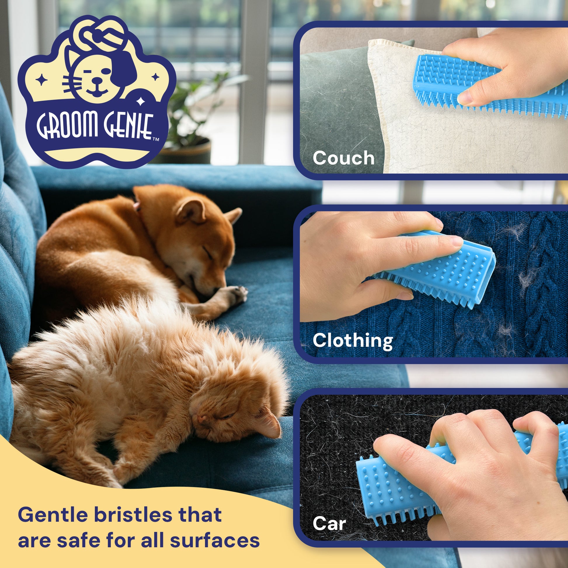 Groom Genie pet hair remover brush effectively removing hair from couch, clothing, and car interiors