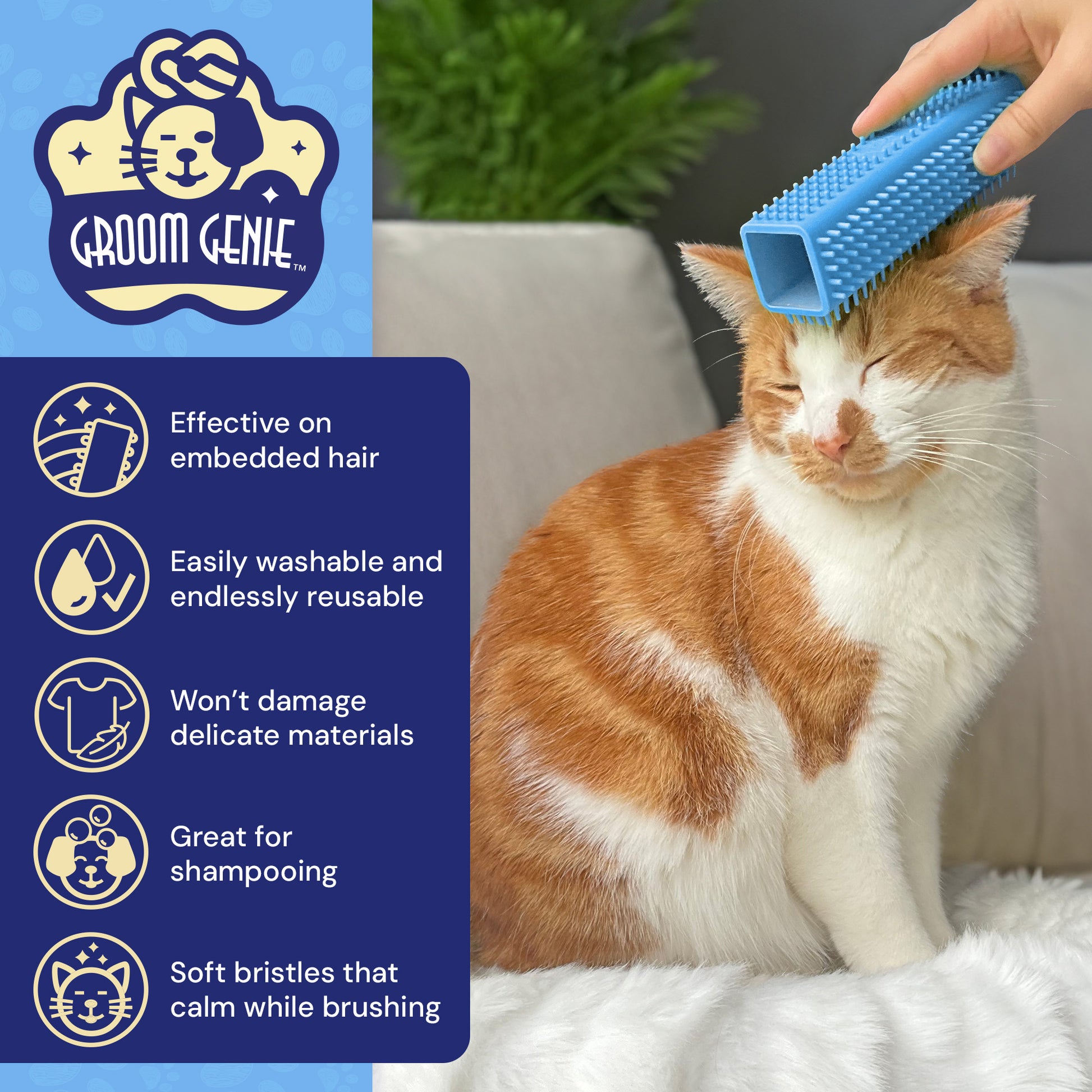 Groom Genie pet hair remover brush effectively removes embedded hair from cat fur during grooming
