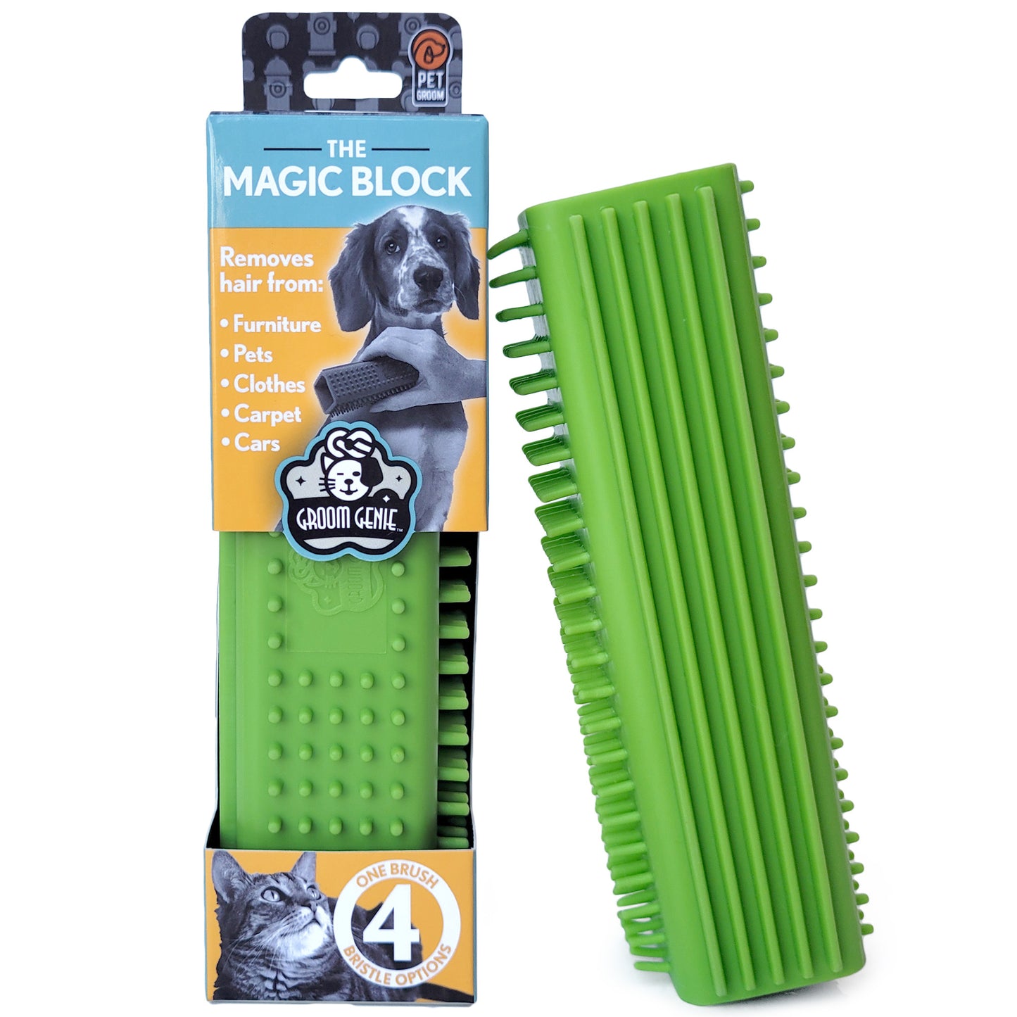 Groom Genie Magic Block pet hair remover brush in green, designed to remove hair from furniture and clothes
