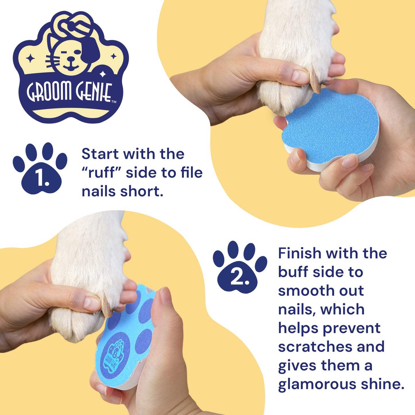 Groom Genie pet nail file showing two-step process for filing and smoothing pet nails